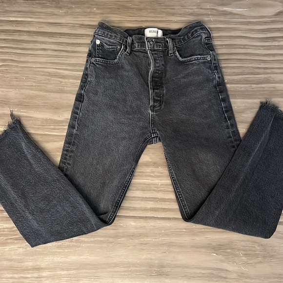 AGOLDE RILEY STRAIGHT LEG CROPPED HIGH RISE RAW HEM BLACK JEANS 26 - Picture 7 of 16